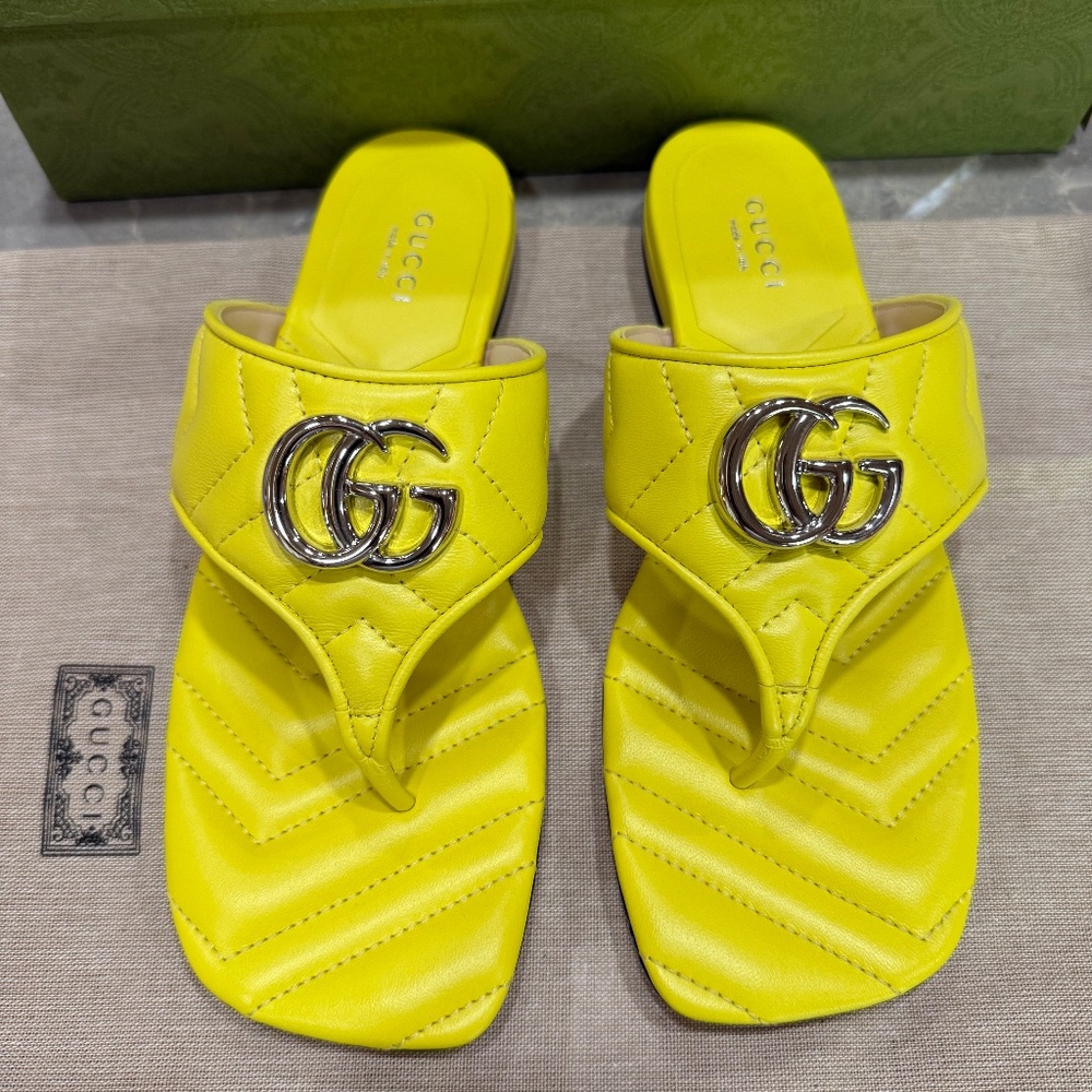 Gucci Double G Quilted Thong Yellow Leather Sandal, EU Size 36 NEW NEVER WORN